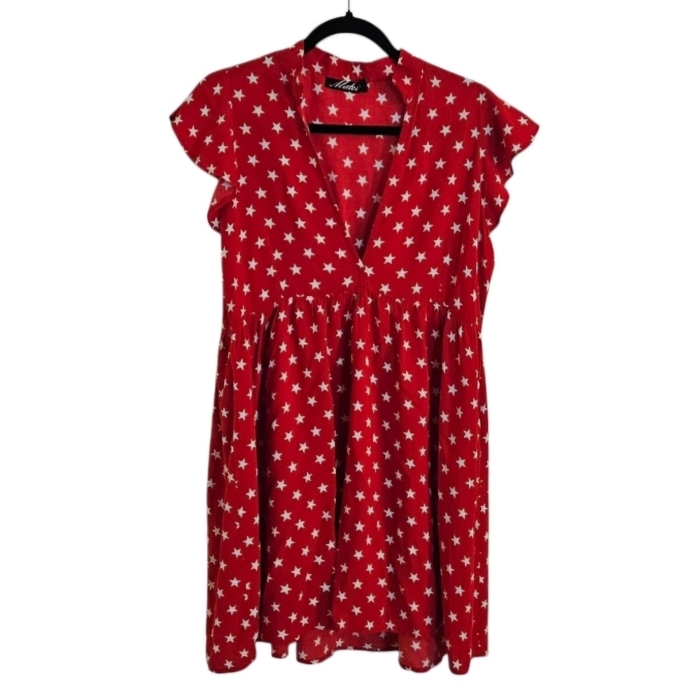 Motel Rocks Red Mini Dress w/White Stars Ruffle Sleeves size Small